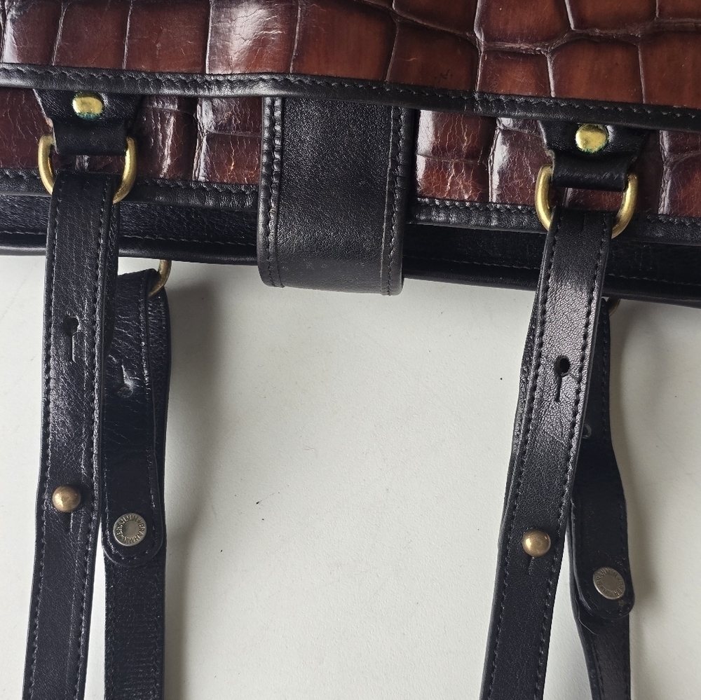 VTG Brahmin Tote Leather Handbag Women Crocodile Print Brown Black Rare - Picture 7 of 15